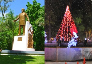 La estatua de Esteban Baca Calderón convertida en árbolito de Navidad.